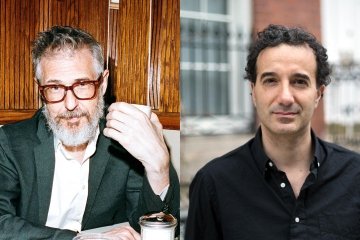 Two photos side-by-side: (R) Ira Glass, holding a mug, (L) Jad Abumrad
