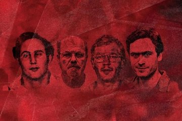 Four drawings of infamous serial killers against a red backdrop
