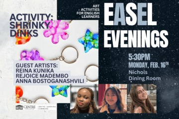 CLC EaSeL Evening event with Shrinky Dink keychains and photos of student guest artists