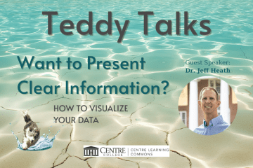 CLC Teddy Talk event with a photo of a dog splashing and a photo of the guest speaker Dr. Jeff Heath