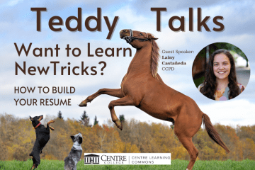 CLC Teddy Talk Event with a photo of a dogs and a horse and a photo of guest speaker Lainy Castaneda from CCPD