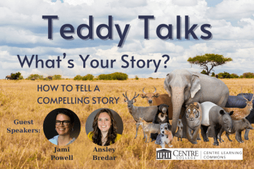 CLC Teddy Talk event with a photo of a group of animals and photos of guest speakrs Jami Powell and Ansley Bredar