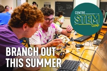 Stem Camp 2026 - Branch out this summer text and two students working on a stem project