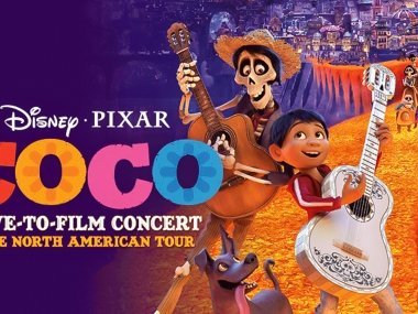 Coco in concert logo over an image of animated Coco characters walking on a bridge