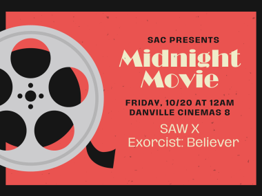 flyer for midnight movie with image of film reel. Movie options are Saw X and Exorcist: Believer