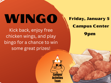 Campus Activities cat logo wearing a chicken hat and gazing at a basket of chicken wings