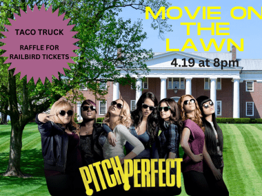 image of characters from pitch perfect in front of Old Centre