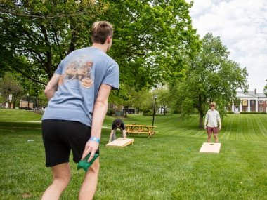 Students participating in lawn games on Roush lawn