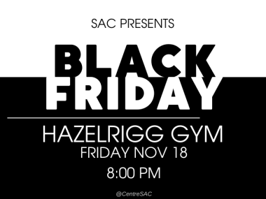 black and white image with information about Black Friday-themed event