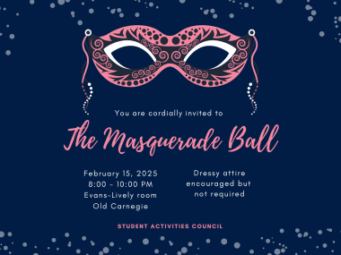 pink mask on a navy blue background; event details