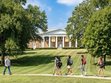 Students walking across campus