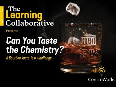 Rocks glass with ice and bourbon with text about the Learning Collaborative and event title