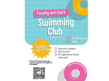 Faculty and Staff Swim Club flyer with text and QR code to join GroupME app