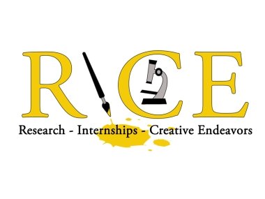 Text RICE with paint brush as the I and microscope within the C. Text below logo: Research, Internships, Creative Endeavors