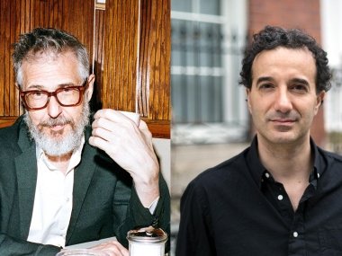 Two photos side-by-side: (R) Ira Glass, holding a mug, (L) Jad Abumrad