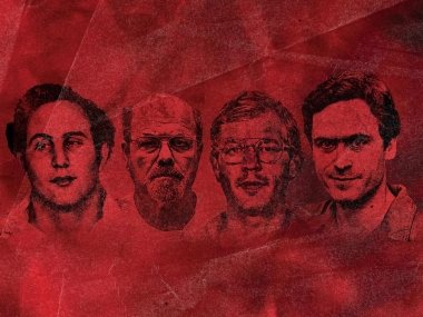 Four drawings of infamous serial killers against a red backdrop