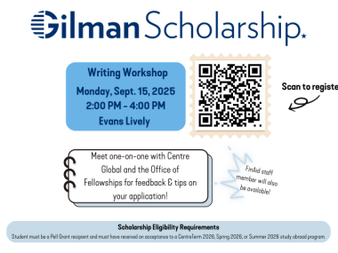 Gilman Scholarship Writing Workshop offering students feedback and tips on their application. Scan QR code to register for this in-person session.