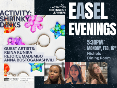 CLC EaSeL Evening event with Shrinky Dink keychains and photos of student guest artists