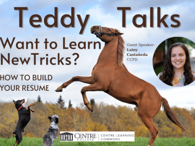 CLC Teddy Talk Event with a photo of a dogs and a horse and a photo of guest speaker Lainy Castaneda from CCPD