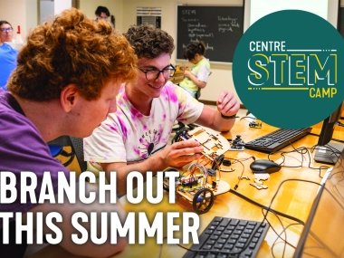 Stem Camp 2026 - Branch out this summer text and two students working on a stem project
