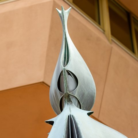 Close up of the top of Ex Astris sculpture outside of the Norton Center