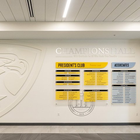 Photo of donor wall in Champions Hall