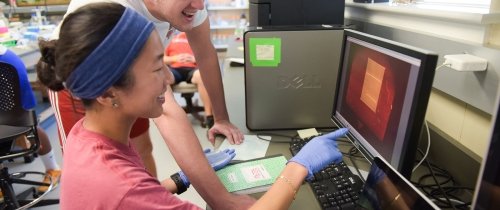 Students viewing lab test results