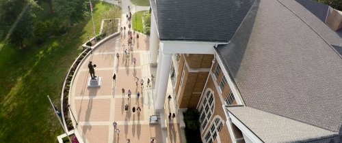 Aerial view of students walking near Crounse hall