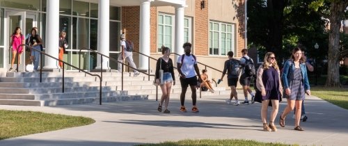 Students leave Franklin W. Olin Hall on the first day of class, 2022.