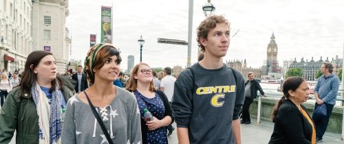 Centre students walking in London with Big Ben in the background