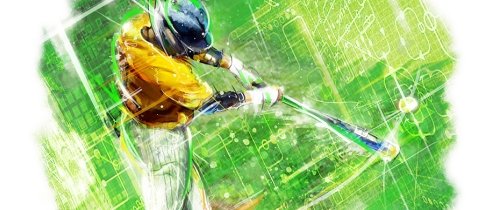 A graphic illustration shows a baseball player hitting a pitch.