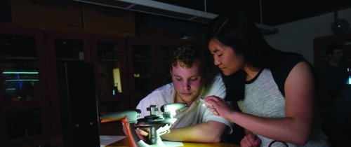 Students working with science lab equipment