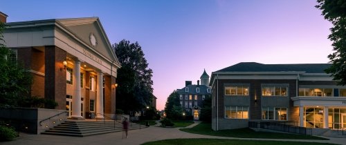 Young Hall and Olin Hall are seen as the sun sets on the Centre College campus.
