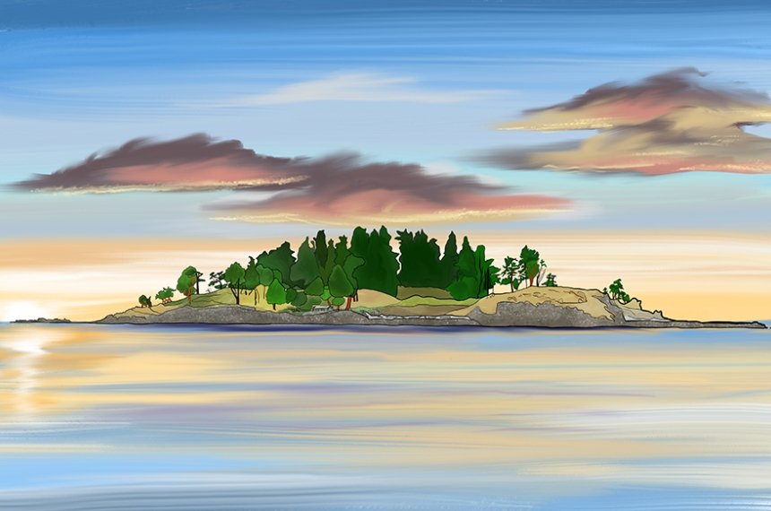A colorful painting depicts a wooded island across a large body of water as the sun sets and clouds float overhead.