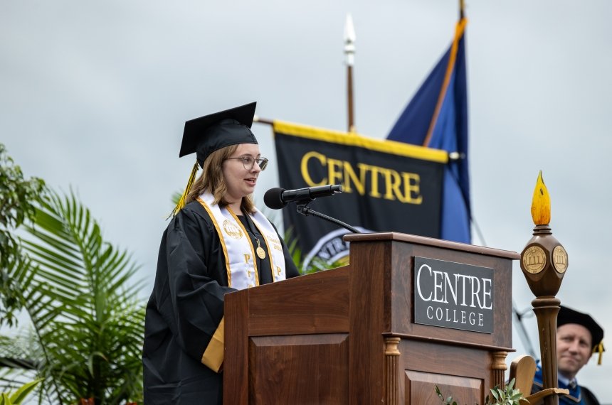 Caroline Koenig speaking on the Commencement stage