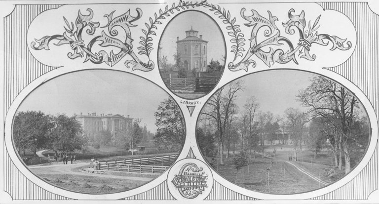 Historical collage of Centre College buildings on campus