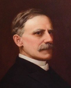 Oil painting of man with dark hair and mustache wearing black jacket and white dress shirt