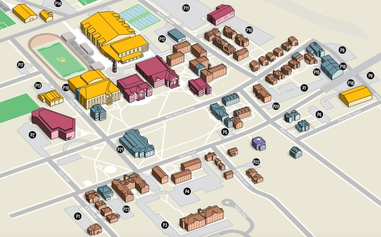 Close up of the illustrated Centre College campus map