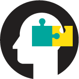 Illustration of silhouette of person with teal and yellow puzzle pieces on head
