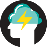 Illustration of silhouette of person with teal cloud and yellow lighting bolt over head