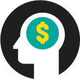 illustration of silhouette of person with teal circle and yellow dollar sign on head