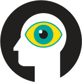 Illustration of silhouette of person with teal eye and yellow background of eye on head