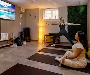 students participating in yoga and meditation in basement of Stevenson Vincent