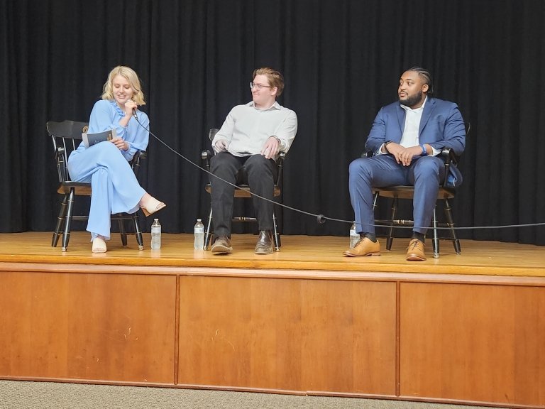 Vivian Bowles '21, River Fuchs '21 and Will Britt '21 shared the stage for the RICE Symposium lecture.