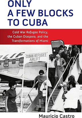 A book cover shows a black and white photo of people getting off an airplane. The title is "Only a Few Blocks to Cuba."