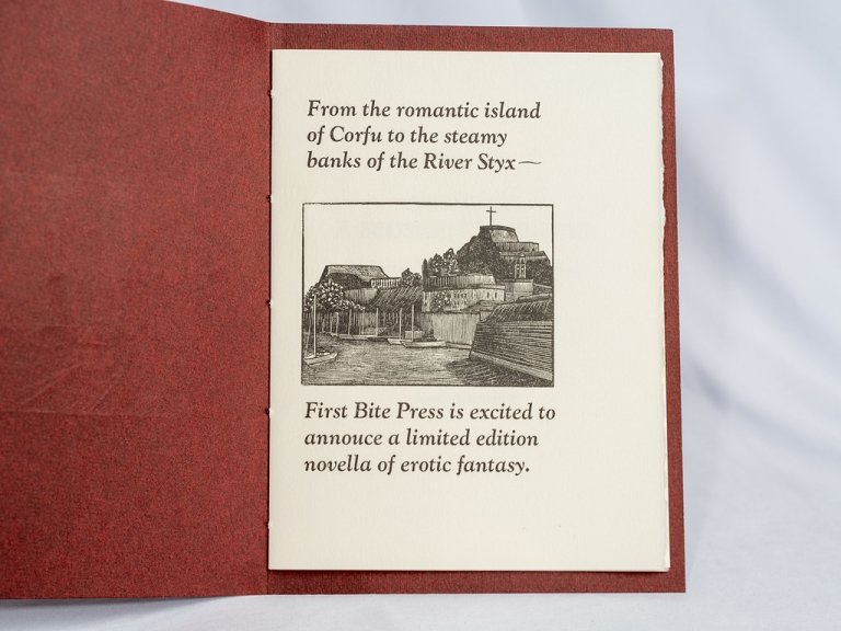 An open, hand-bound novella shows the title page decorated by a hand-cut linocut image.