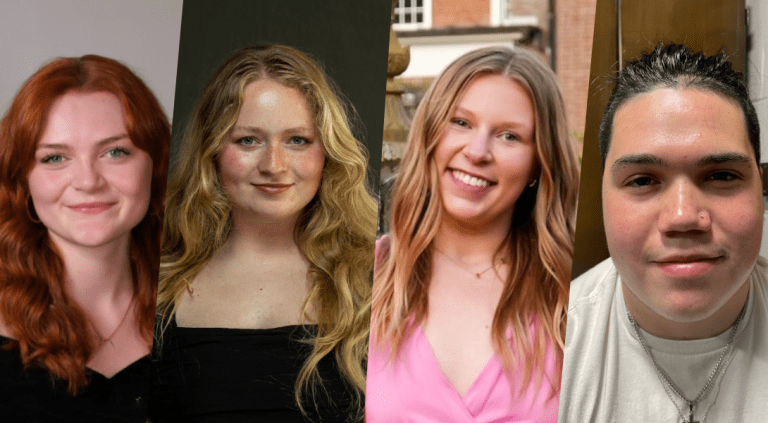 A collage of headshots from the Gilman scholars. A young woman with red hair wearing a black drape. A young woman with brunnette hair and blonde highlights wearing a black drape. A young woman smiling with her head tilted wearing a pink blouse. A young man with his hair pulled back wearing a white shirt..