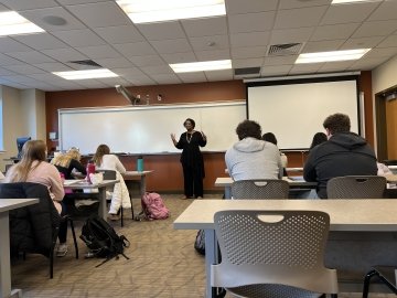 Vice President of Diversity Andrea Abrams spoke with students in Professor Sarah Murray's class on leadership. Photo provided.