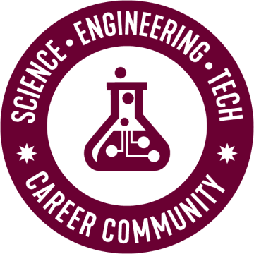 Round graphic with burgundy ring and flask icon representing a career exploration community