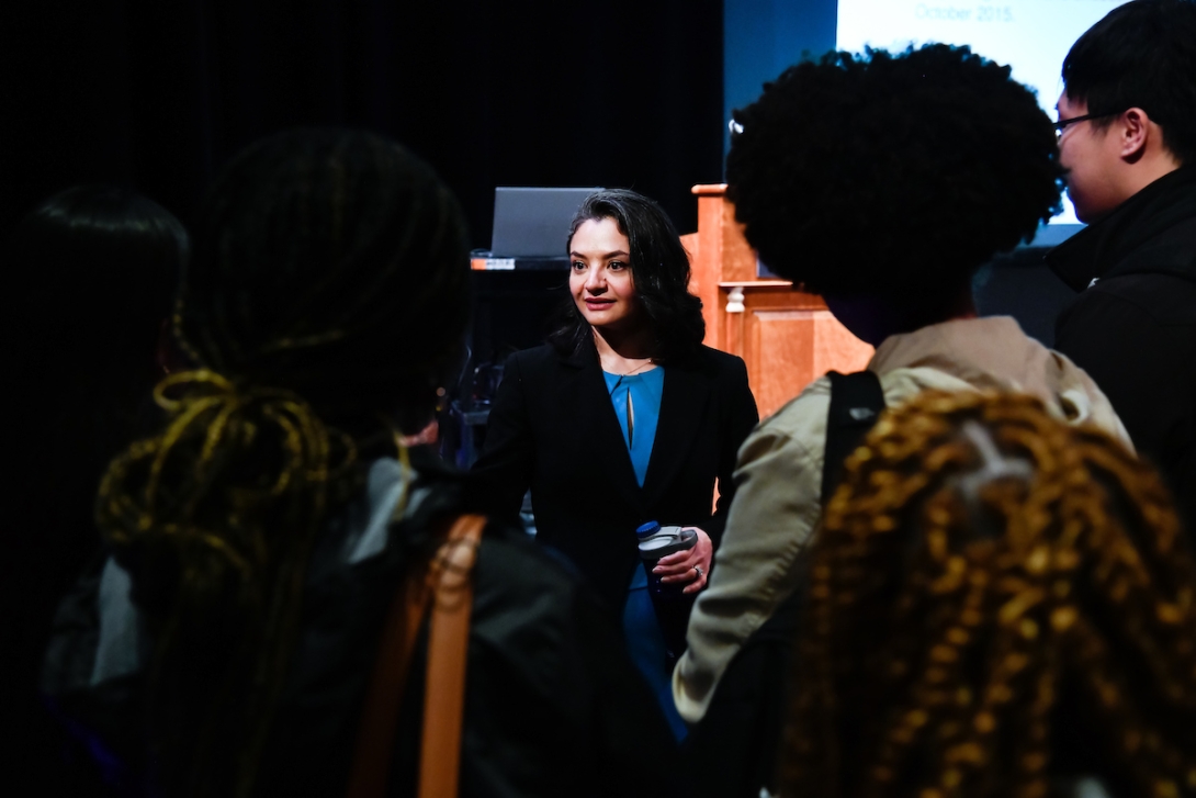 Visiting Humana Lecturer Pamela Harris speaks with students after her convocation in February, 2023. 